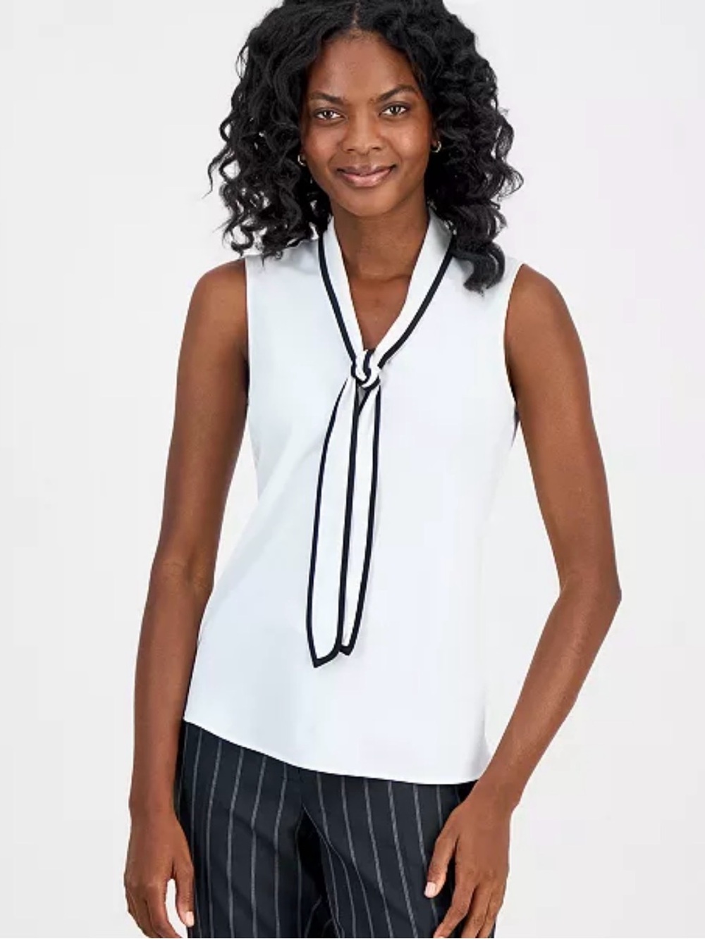 New York & Company White Sleeveless Tie-Neck Shell with Black Trim